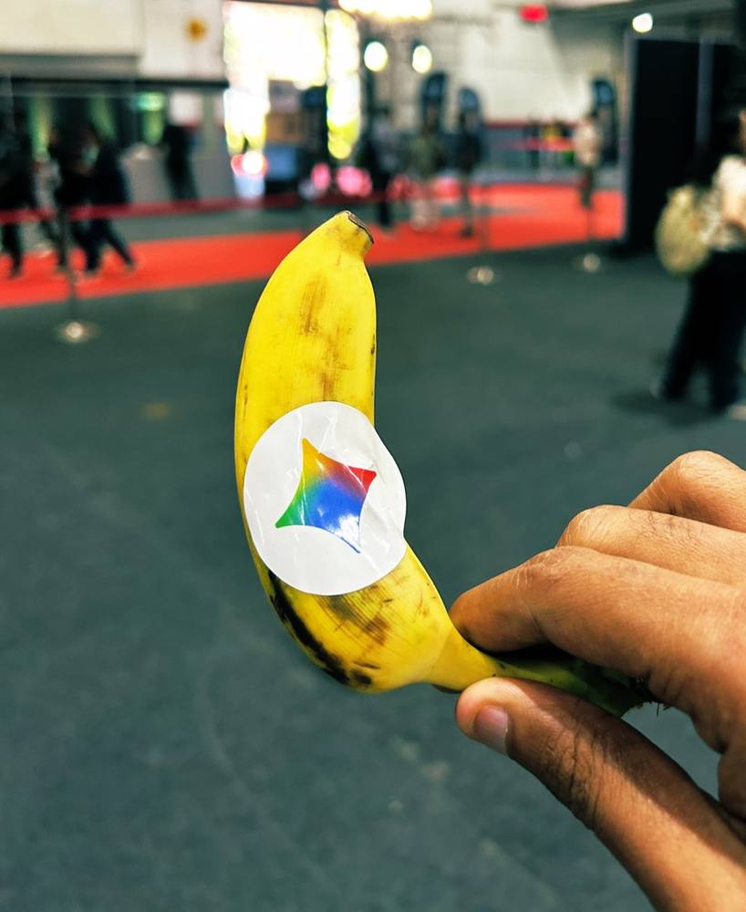 GDG MAD (Google Developer Groups Mumbai) 'Nano Banana' sticker on a real banana